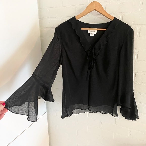 Vintage Blouse Sheer Flare sleeve Dark Romantic Ruffled Fairy Polka dot Sz 14 - Picture 11 of 15